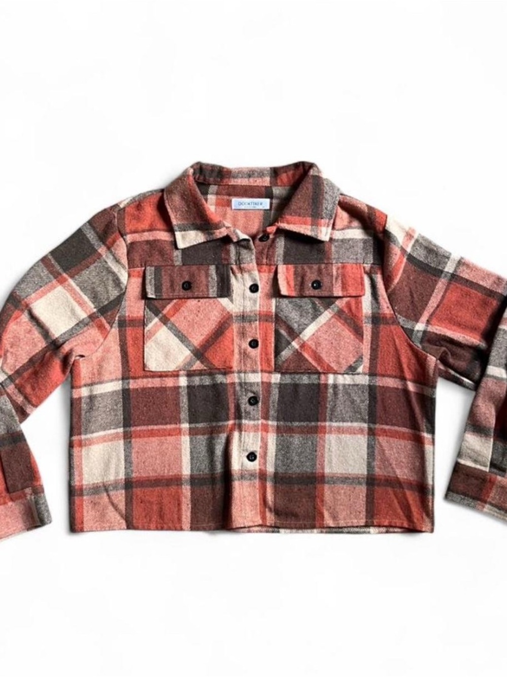 Cropped Plaid Button-Down Shacket in Rust and Cream L